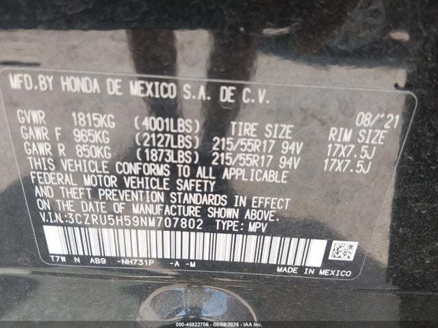 45822706 :رقم المزاد ، 3CZRU5H59NM707802 vin ، 2022 Honda Hr-v 2wd Ex مزاد بيع
