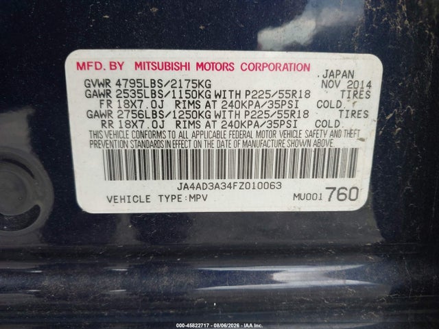 Aukcja sprzedaży 2015 Mitsubishi Outlander Se, vin: JA4AD3A34FZ010063, numer aukcji: 45822717
