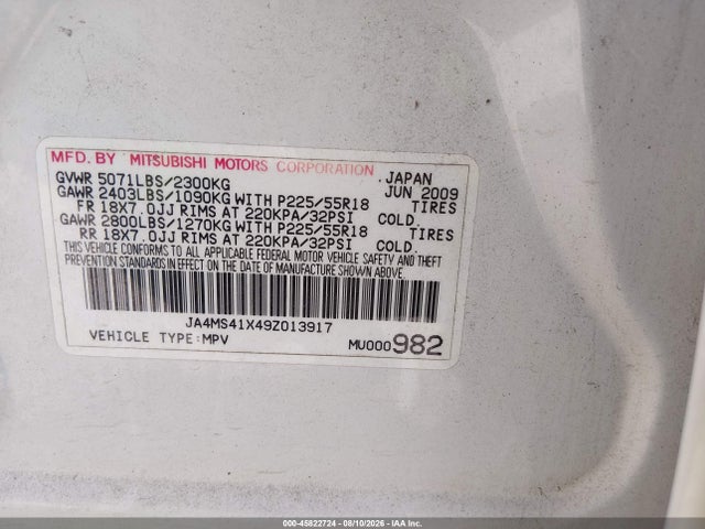 Aukcja sprzedaży 2009 Mitsubishi Outlander Xls, vin: JA4MS41X49Z013917, numer aukcji: 45822724