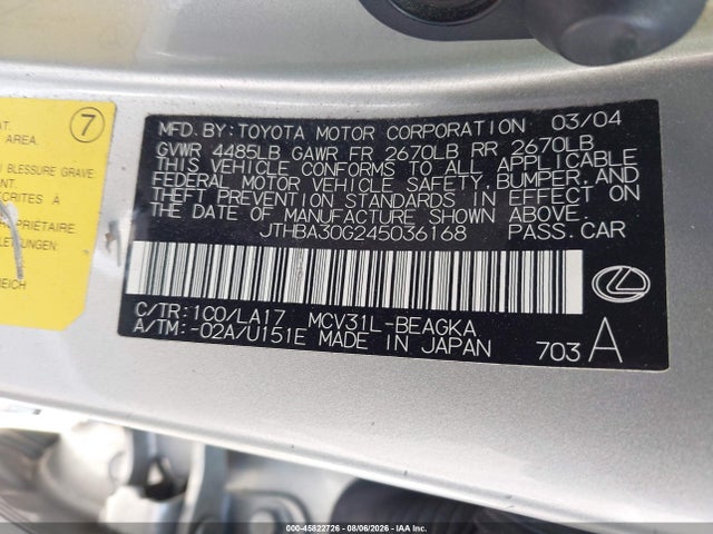 45822726 :رقم المزاد ، JTHBA30G245036168 vin ، 2004 Lexus Es 330 مزاد بيع
