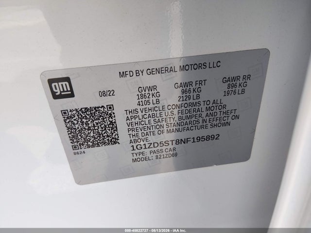 Auction sale of the 2022 Chevrolet Malibu Fwd Lt, vin: 1G1ZD5ST8NF195892, lot number: 45822727