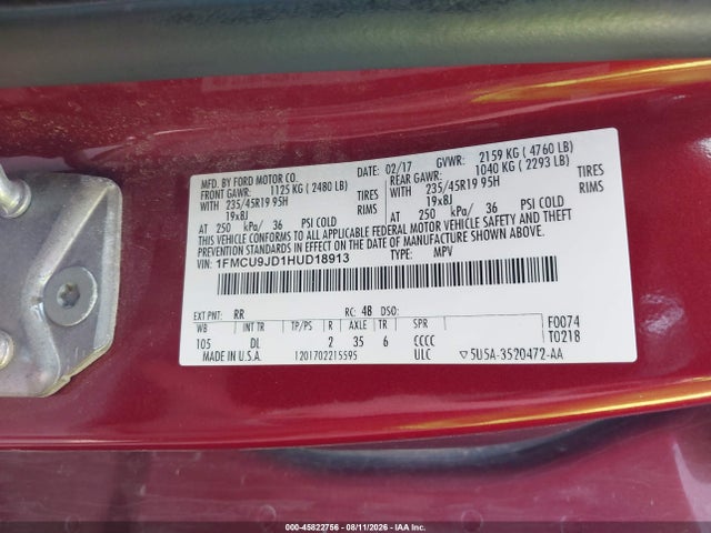 2017 Ford Escape Titanium მანქანა იყიდება აუქციონზე, vin: 1FMCU9JD1HUD18913, აუქციონის ნომერი: 45822756