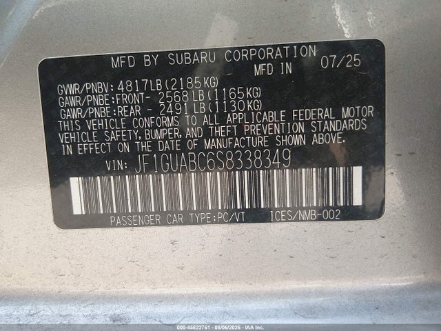 Продаж на аукціоні авто 2025 Subaru Impreza Base 5-door, vin: JF1GUABC6S8338349, номер лоту: 45822761