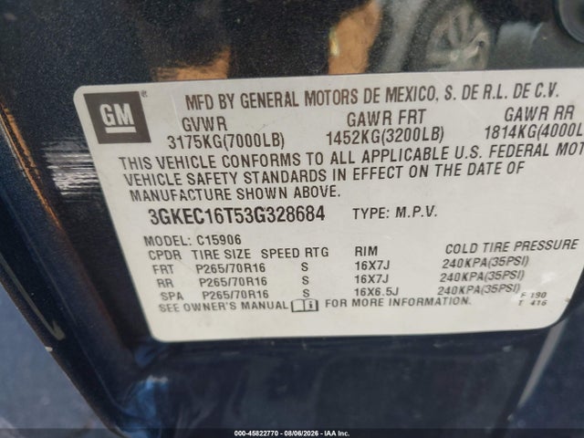 45822770 :رقم المزاد ، 3GKEC16T53G328684 vin ، 2003 Gmc Yukon Xl 1500 Sle مزاد بيع