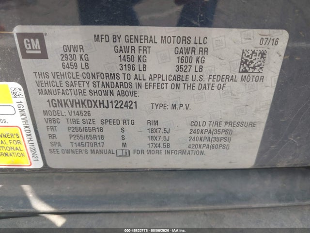 Продажа на аукционе авто 2017 Chevrolet Traverse 2lt, vin: 1GNKVHKDXHJ122421, номер лота: 45822776