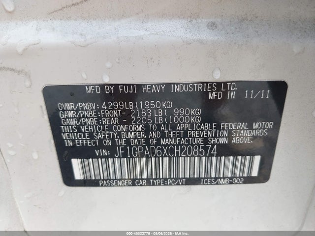 Продаж на аукціоні авто 2012 Subaru Impreza 2.0i Premium, vin: JF1GPAD6XCH208574, номер лоту: 45822778