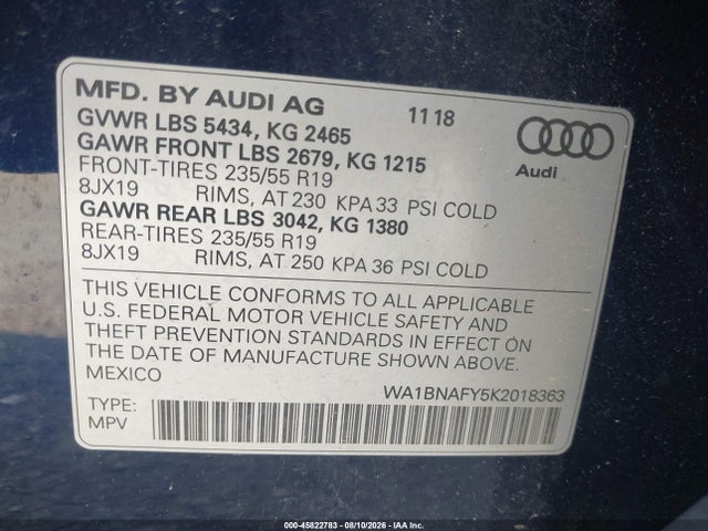 2019 Audi Q5 45 Premium მანქანა იყიდება აუქციონზე, vin: WA1BNAFY5K2018363, აუქციონის ნომერი: 45822783