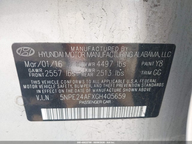 2016 Hyundai Sonata მანქანა იყიდება აუქციონზე, vin: 5NPE24AFXGH405659, აუქციონის ნომერი: 45822799