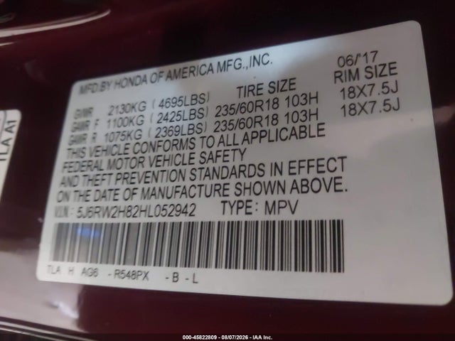 Продаж на аукціоні авто 2017 Honda Cr-v Ex-l/ex-l Navi, vin: 5J6RW2H82HL052942, номер лоту: 45822809