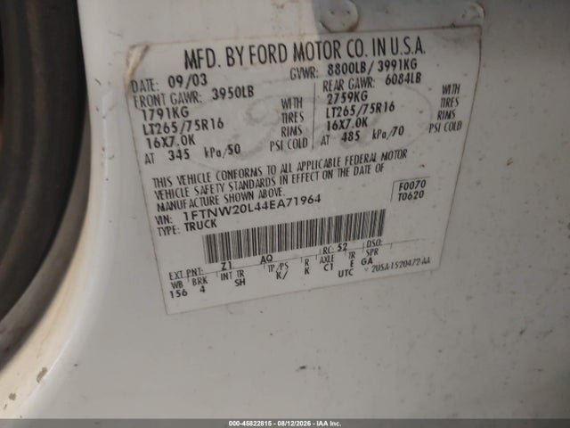 45822815 :رقم المزاد ، 1FTNW20L44EA71964 vin ، 2004 Ford F-250 Lariat/xl/xlt مزاد بيع