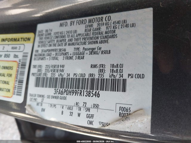 Ford FUSION SE 2015 3FA6P0H99FR138546 Image 9