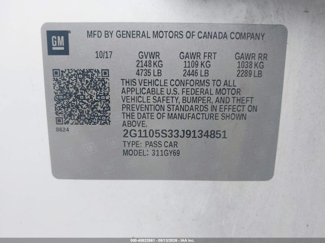 Aukcja sprzedaży 2018 Chevrolet Impala 1lt, vin: 2G1105S33J9134851, numer aukcji: 45822861