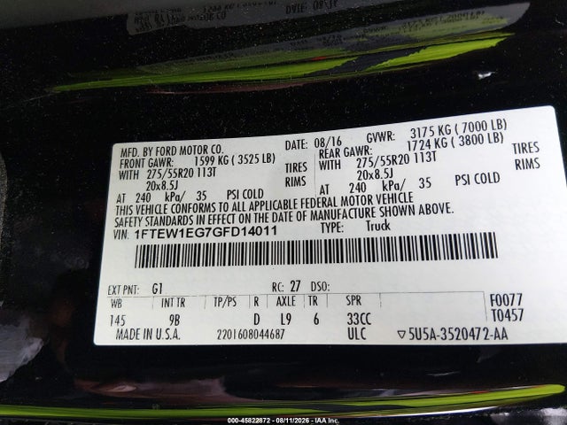 Ford F-150 Platinum 2016 1FTEW1EG7GFD14011 Image 9