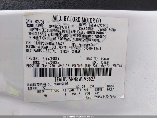 Auction sale of the 2008 Ford Focus Se/ses, vin: 1FAHP35N48W193627, lot number: 45822882