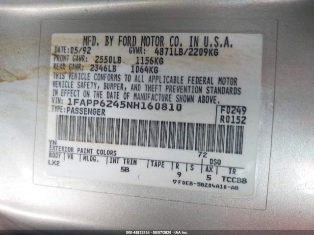 Aukcja sprzedaży 1992 Ford Thunderbird Lx, vin: 1FAPP6245NH160810, numer aukcji: 45822884