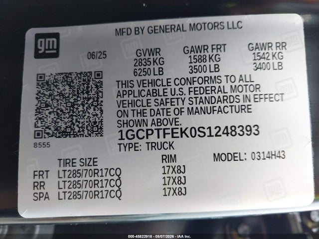 Продаж на аукціоні авто 2025 Chevrolet Colorado 4wd Zr2, vin: 1GCPTFEK0S1248393, номер лоту: 45822918