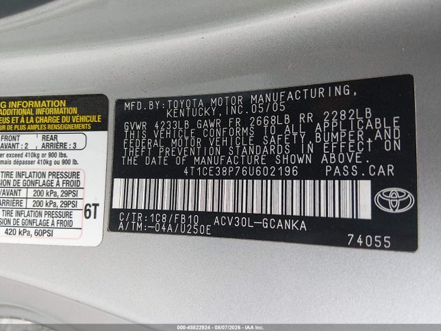 45822924 :رقم المزاد ، 4T1CE38P76U602196 vin ، 2006 Toyota Camry Solara Se مزاد بيع