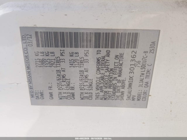 45822939 :رقم المزاد ، 5N1AL0MN1DC301362 vin ، 2013 Infiniti Jx35 مزاد بيع