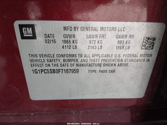 1G1PC5SB0F7187959 Chevrolet Cruze 1lt Auto