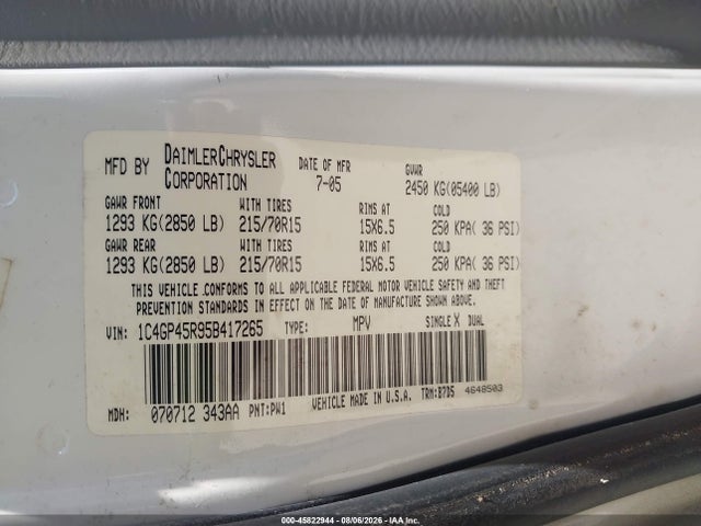 45822944 :رقم المزاد ، 1C4GP45R95B417265 vin ، 2005 Chrysler Town & Country مزاد بيع