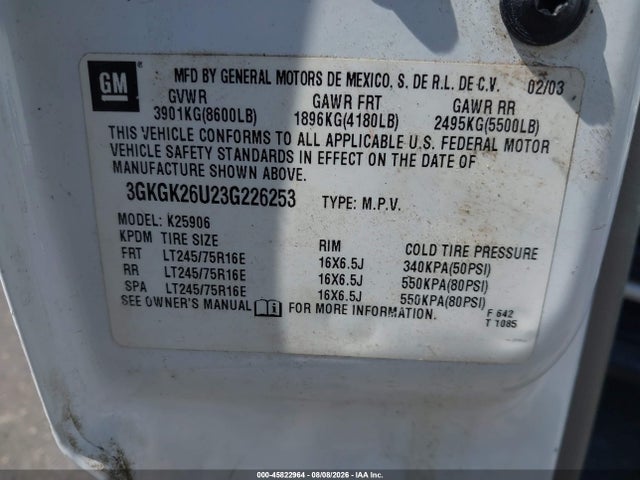 45822964 :رقم المزاد ، 3GKGK26U23G226253 vin ، 2003 Gmc Yukon Xl 2500 Slt مزاد بيع