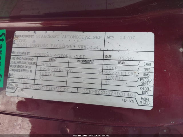 45822967 :رقم المزاد ، 1GDFG15R7V1061538 vin ، 1997 Gmc Savana Yf7 مزاد بيع