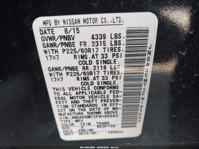 45822995 :رقم المزاد ، JN8AS5MT2FW165560 vin ، 2015 Nissan Rogue Select S مزاد بيع