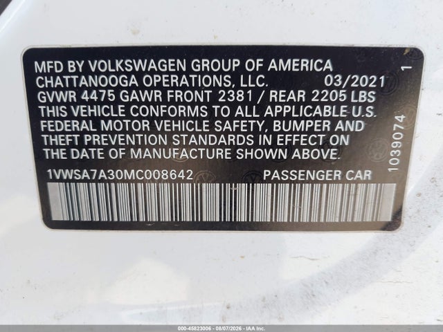 Продаж на аукціоні авто 2021 Volkswagen Passat 2.0t Se, vin: 1VWSA7A30MC008642, номер лоту: 45823006