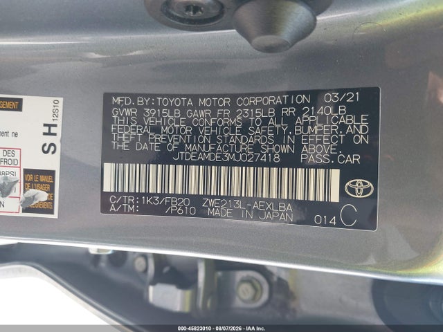 Aukcja sprzedaży 2021 Toyota Corolla Hybrid Le, vin: JTDEAMDE3MJ027418, numer aukcji: 45823010