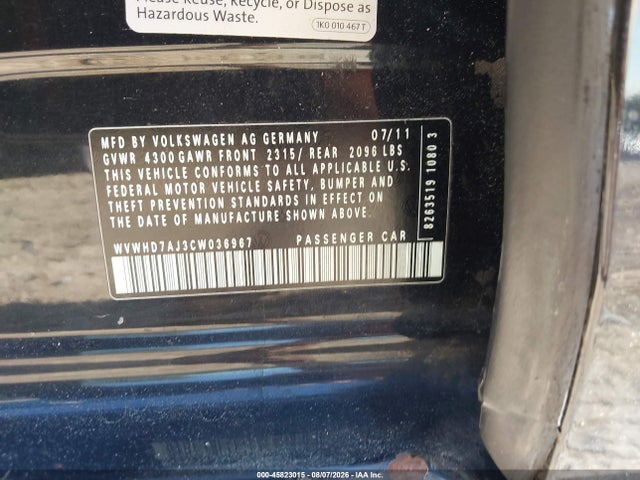 Продажа на аукционе авто 2012 Volkswagen Gti 4-door Autobahn, vin: WVWHD7AJ3CW036967, номер лота: 45823015
