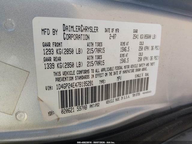 Продаж на аукціоні авто 2007 Dodge Grand Caravan Se, vin: 1D4GP24E47B195291, номер лоту: 45823016