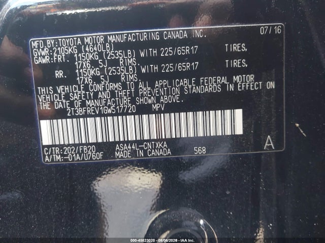 Продажа на аукционе авто 2016 Toyota Rav4 Le, vin: 2T3BFREV1GW517720, номер лота: 45823020