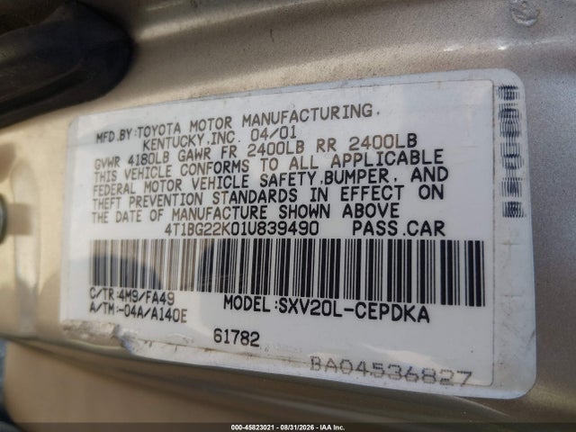 2001 Toyota Camry Ce მანქანა იყიდება აუქციონზე, vin: 4T1BG22K01U839490, აუქციონის ნომერი: 45823021