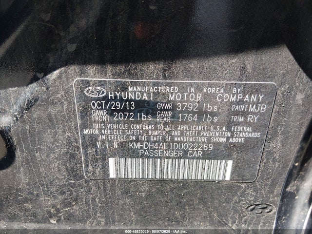 2013 Hyundai Elantra Limited მანქანა იყიდება აუქციონზე, vin: KMHDH4AE1DU022269, აუქციონის ნომერი: 45823029