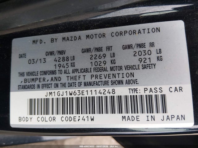 Aukcja sprzedaży 2014 Mazda Mazda6 I Grand Touring, vin: JM1GJ1W63E1114248, numer aukcji: 45823033