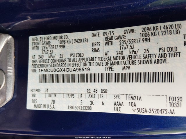 45823050 :رقم المزاد ، 1FMCU0GX4GUA95519 vin ، 2016 Ford Escape Se مزاد بيع