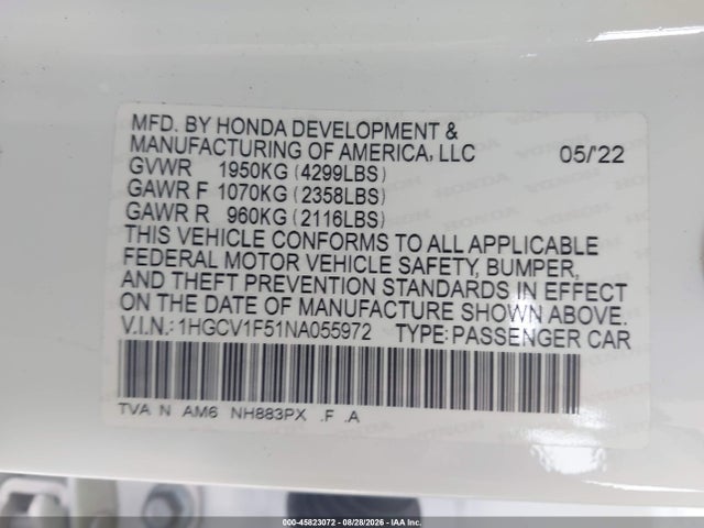 Auction sale of the 2022 Honda Accord Ex-l, vin: 1HGCV1F51NA055972, lot number: 45823072