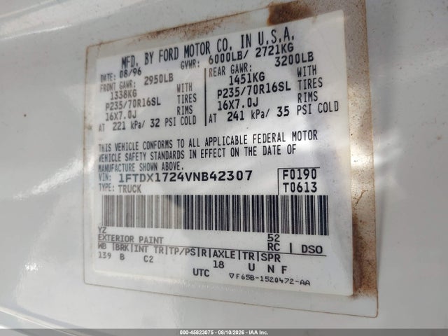 Aukcja sprzedaży 1997 Ford F-150 Standard Standard/xl/xlt, vin: 1FTDX1724VNB42307, numer aukcji: 45823075