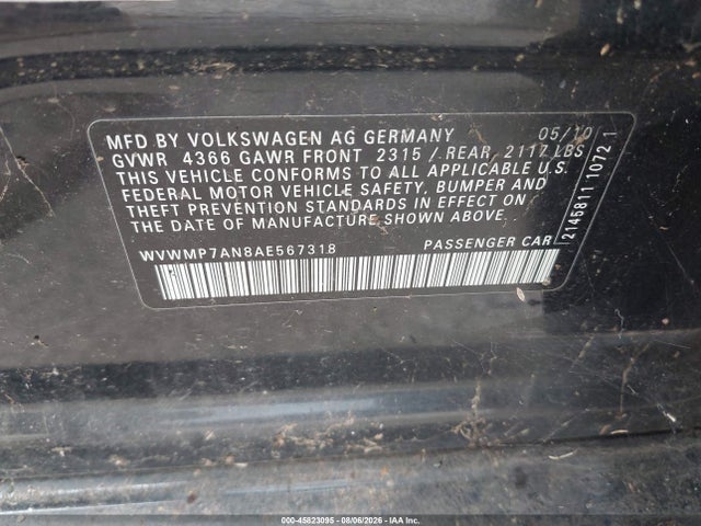 45823095 :رقم المزاد ، WVWMP7AN8AE567318 vin ، 2010 Volkswagen Cc Sport مزاد بيع