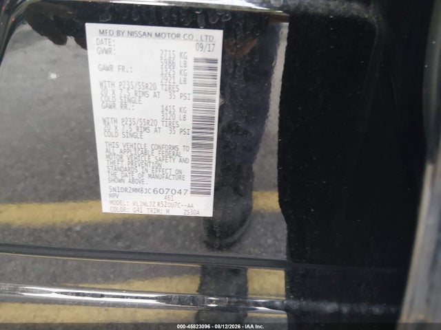 45823096 :رقم المزاد ، 5N1DR2MM8JC607047 vin ، 2018 Nissan Pathfinder Platinum مزاد بيع