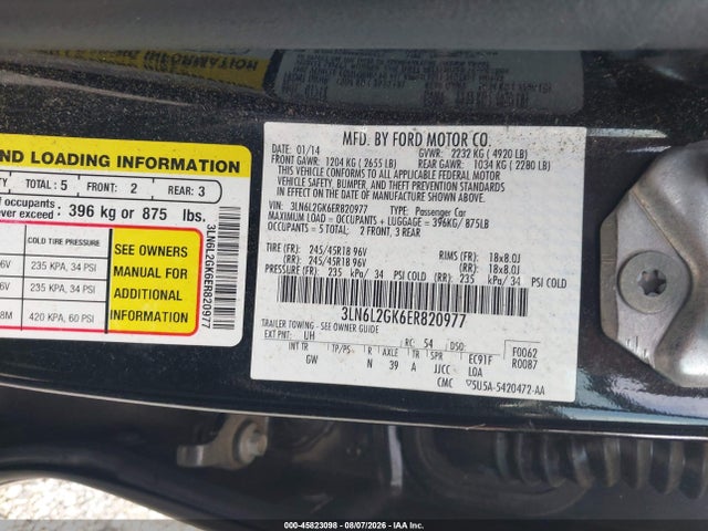 2014 Lincoln Mkz მანქანა იყიდება აუქციონზე, vin: 3LN6L2GK6ER820977, აუქციონის ნომერი: 45823098