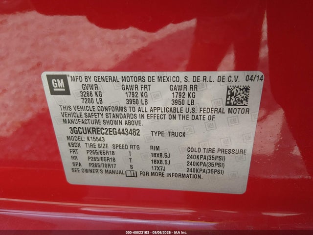 Aukcja sprzedaży 2014 Chevrolet Silverado 1500 Lt, vin: 3GCUKREC2EG443482, numer aukcji: 45823103