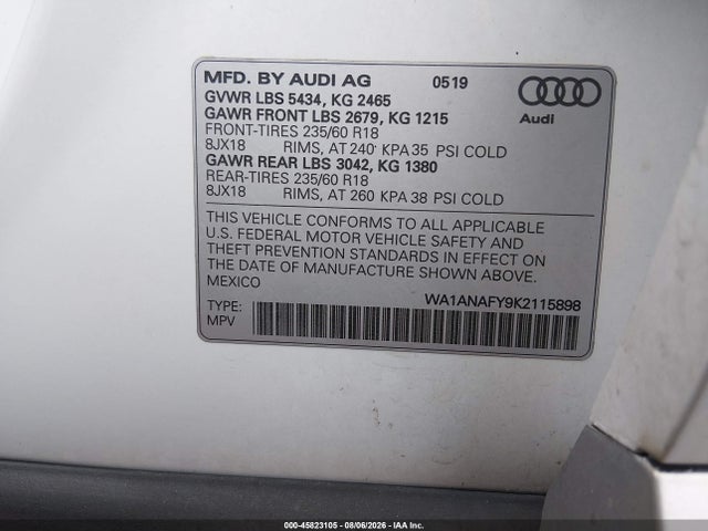 2019 Audi Q5 45 Premium მანქანა იყიდება აუქციონზე, vin: WA1ANAFY9K2115898, აუქციონის ნომერი: 45823105