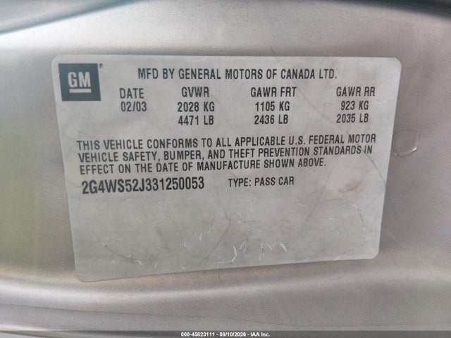 Aukcja sprzedaży 2003 Buick Century Custom, vin: 2G4WS52J331250053, numer aukcji: 45823111