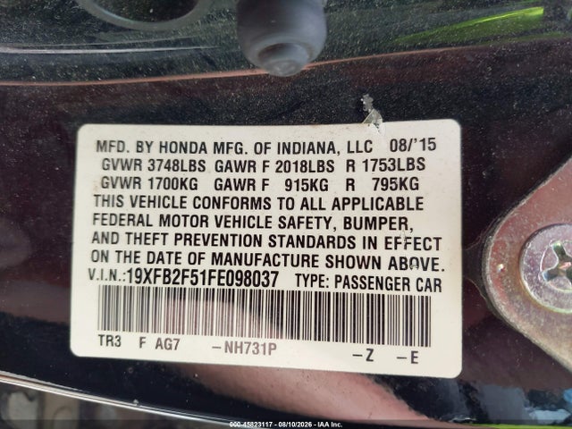 Honda Civic Lx 2015 19XFB2F51FE098037 Image 9