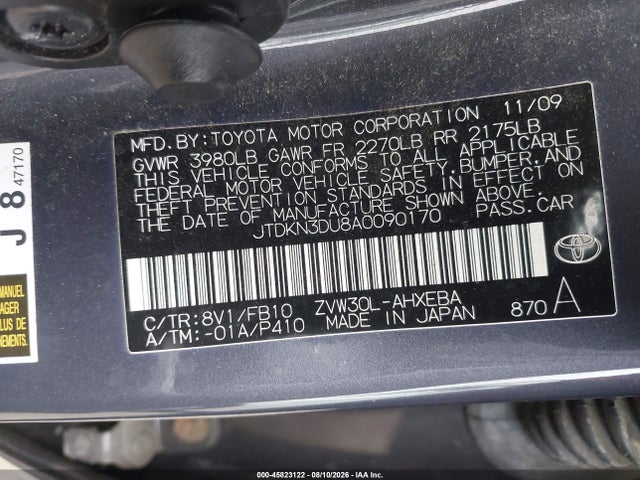 2010 Toyota Prius Iii მანქანა იყიდება აუქციონზე, vin: JTDKN3DU8A0090170, აუქციონის ნომერი: 45823122