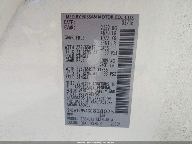 Продажа на аукционе авто 2016 Nissan Rogue S/sl/sv, vin: 5N1AT2MV4GC818025, номер лота: 45823128