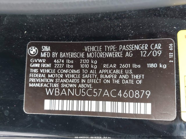2010 Bmw 528i მანქანა იყიდება აუქციონზე, vin: WBANU5C57AC460879, აუქციონის ნომერი: 45823131