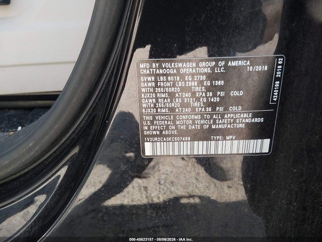 2019 Volkswagen Atlas 3.6l V6 Se W/technology მანქანა იყიდება აუქციონზე, vin: 1V2UR2CA0KC507469, აუქციონის ნომერი: 45823157