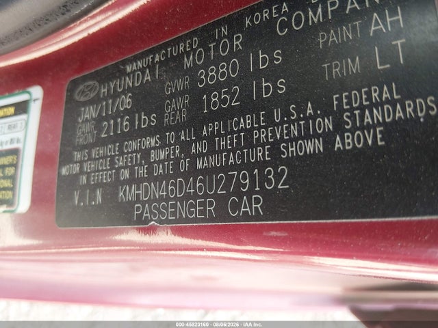 Продажа на аукционе авто 2006 Hyundai Elantra Gls/limited, vin: KMHDN46D46U279132, номер лота: 45823160